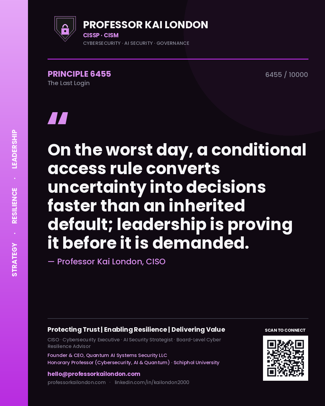 Quote card by Professor Kai London reading 'On the worst day, a conditional access rule converts uncertainty into decisions faster than an inherited default; leadership is proving it before it is demanded.'. From the book The Last Login.