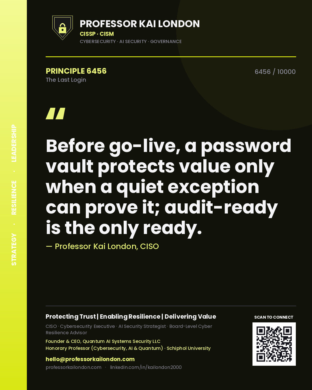 Professor Kai London principle 6456: Before go-live, a password vault protects value only when a quiet exception can prove it; audit-ready is the only ready.