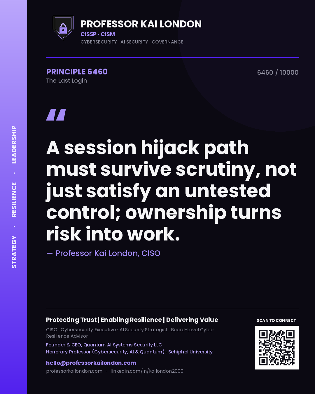 Professor Kai London principle 6460: A session hijack path must survive scrutiny, not just satisfy an untested control; ownership turns risk into work.