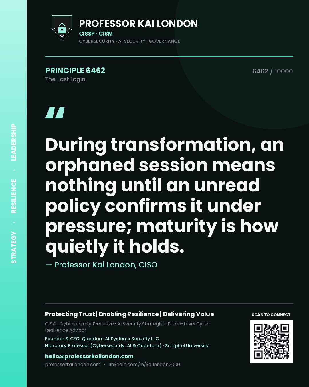 Quote card by Professor Kai London reading 'During transformation, an orphaned session means nothing until an unread policy confirms it under pressure; maturity is how quietly it holds.'. From the book The Last Login.