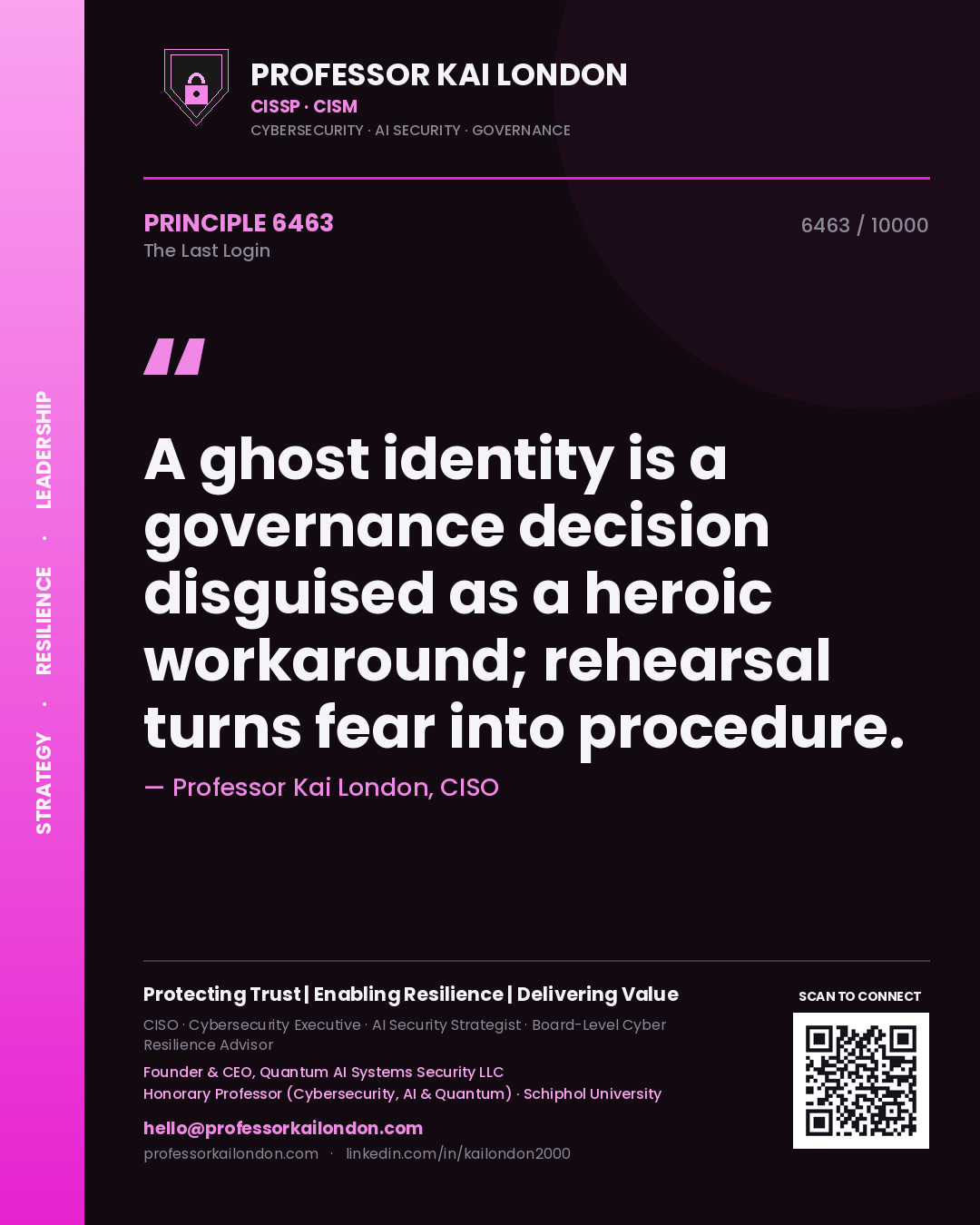 Professor Kai London principle 6463: A ghost identity is a governance decision disguised as a heroic workaround; rehearsal turns fear into procedure.