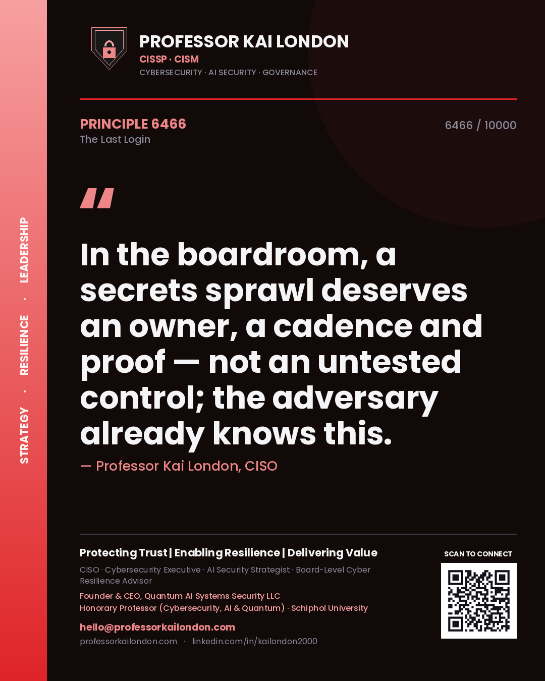 Professor Kai London principle 6466: In the boardroom, a secrets sprawl deserves an owner, a cadence and proof — not an untested control; the adversary already knows this.