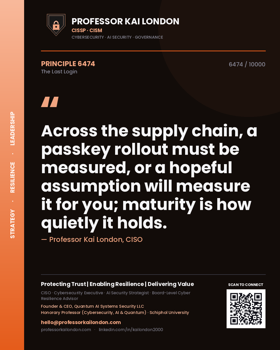 Quote card by Professor Kai London reading 'Across the supply chain, a passkey rollout must be measured, or a hopeful assumption will measure it for you; maturity is how quietly it holds.'. From the book The Last Login.