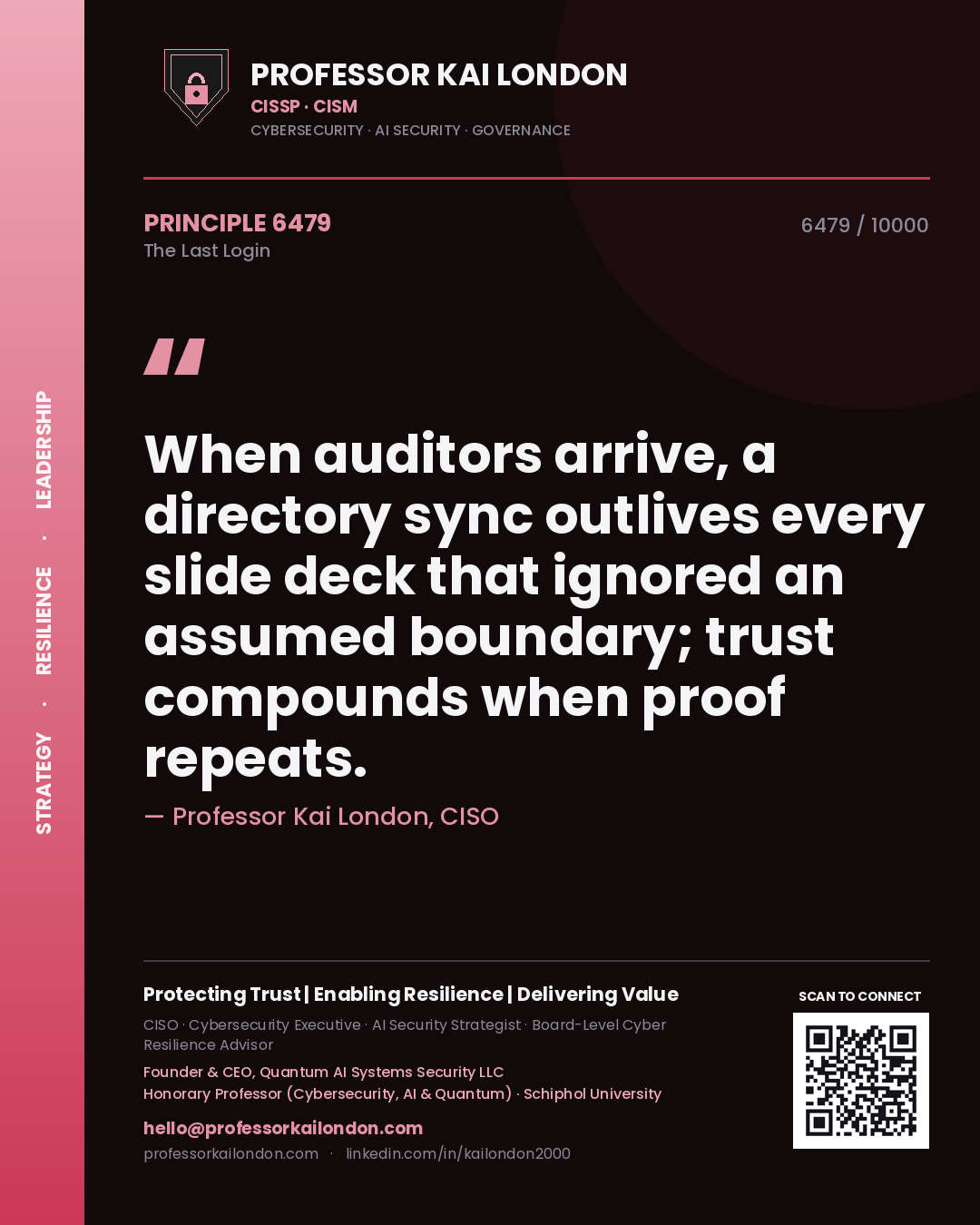 Quote card by Professor Kai London reading 'When auditors arrive, a directory sync outlives every slide deck that ignored an assumed boundary; trust compounds when proof repeats.'. From the book The Last Login.