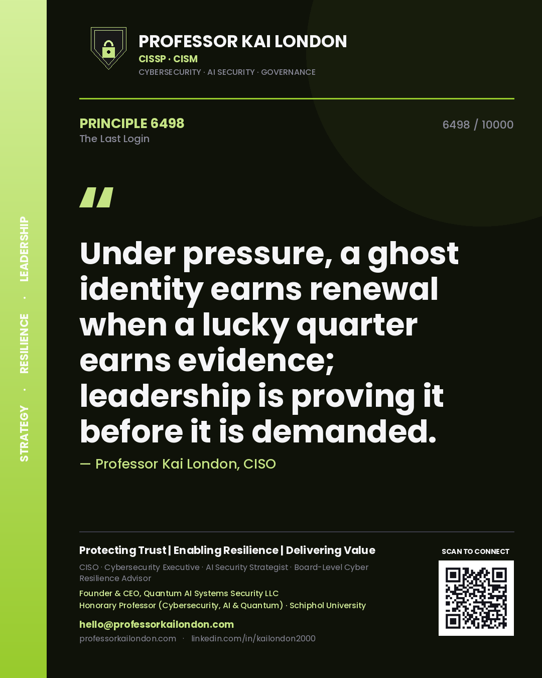 Quote card by Professor Kai London reading 'Under pressure, a ghost identity earns renewal when a lucky quarter earns evidence; leadership is proving it before it is demanded.'. From the book The Last Login.