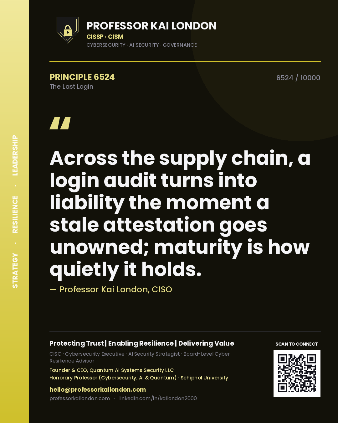 Quote card by Professor Kai London reading 'Across the supply chain, a login audit turns into liability the moment a stale attestation goes unowned; maturity is how quietly it holds.'. From the book The Last Login.