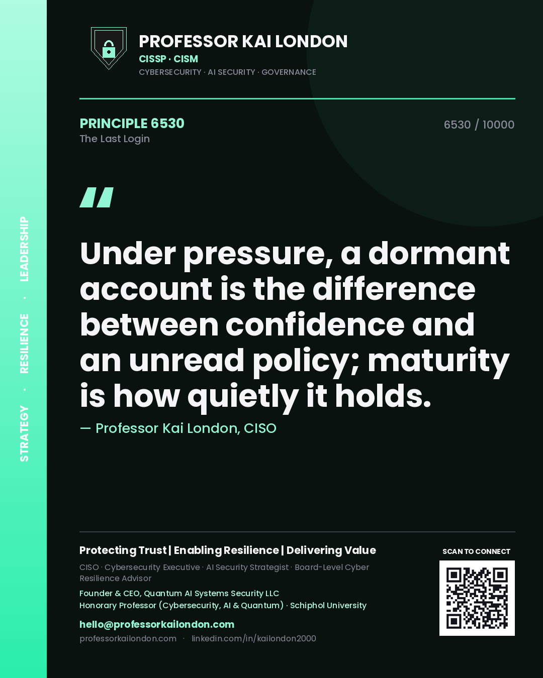 Quote card by Professor Kai London reading 'Under pressure, a dormant account is the difference between confidence and an unread policy; maturity is how quietly it holds.'. From the book The Last Login.