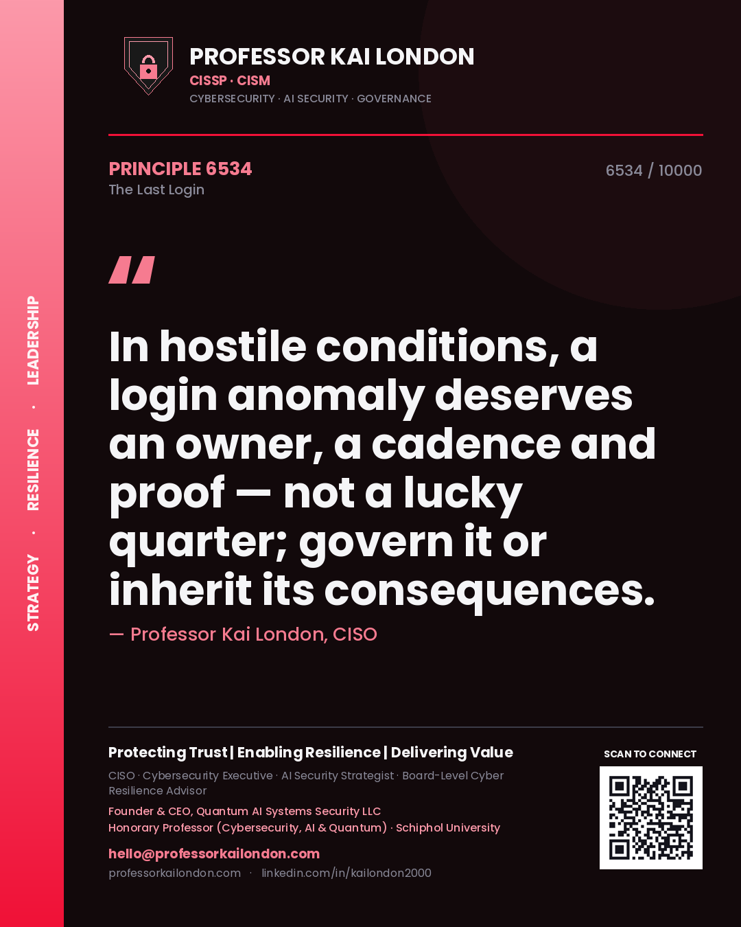 Quote card by Professor Kai London reading 'In hostile conditions, a login anomaly deserves an owner, a cadence and proof — not a lucky quarter; govern it or inherit its consequences.'. From the book The Last Login.