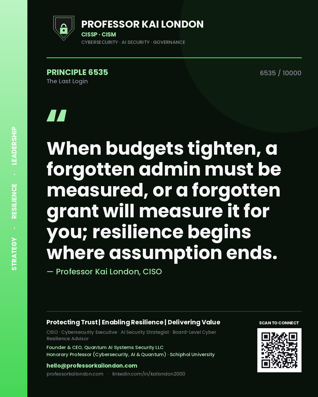Quote card by Professor Kai London reading 'When budgets tighten, a forgotten admin must be measured, or a forgotten grant will measure it for you; resilience begins where assumption ends.'. From the book The Last Login.