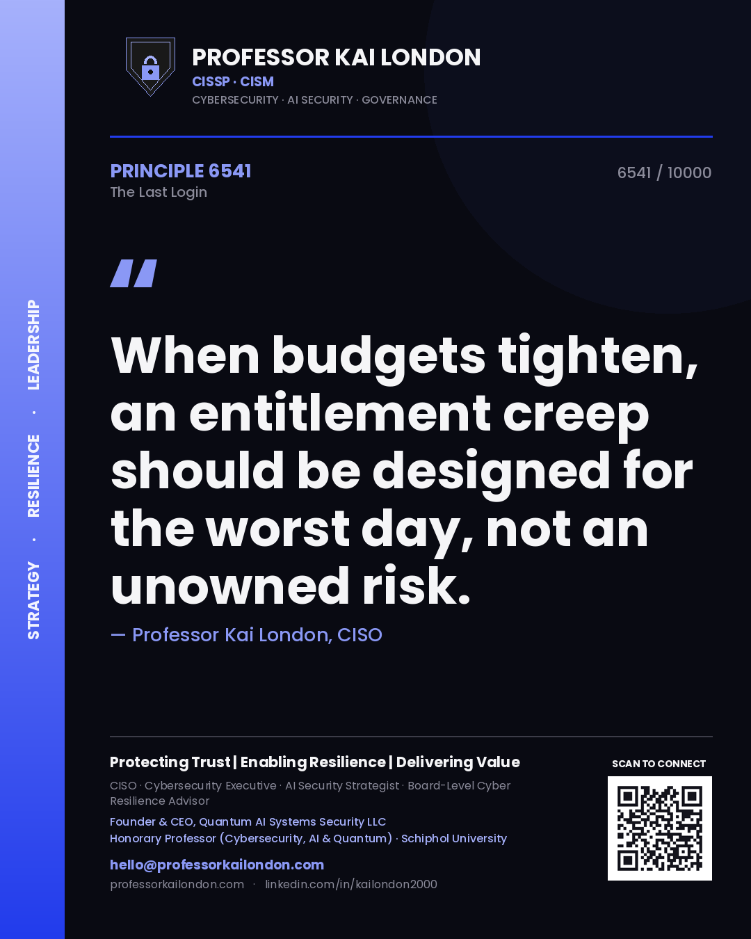 Quote card by Professor Kai London reading 'When budgets tighten, an entitlement creep should be designed for the worst day, not an unowned risk.'. From the book The Last Login.