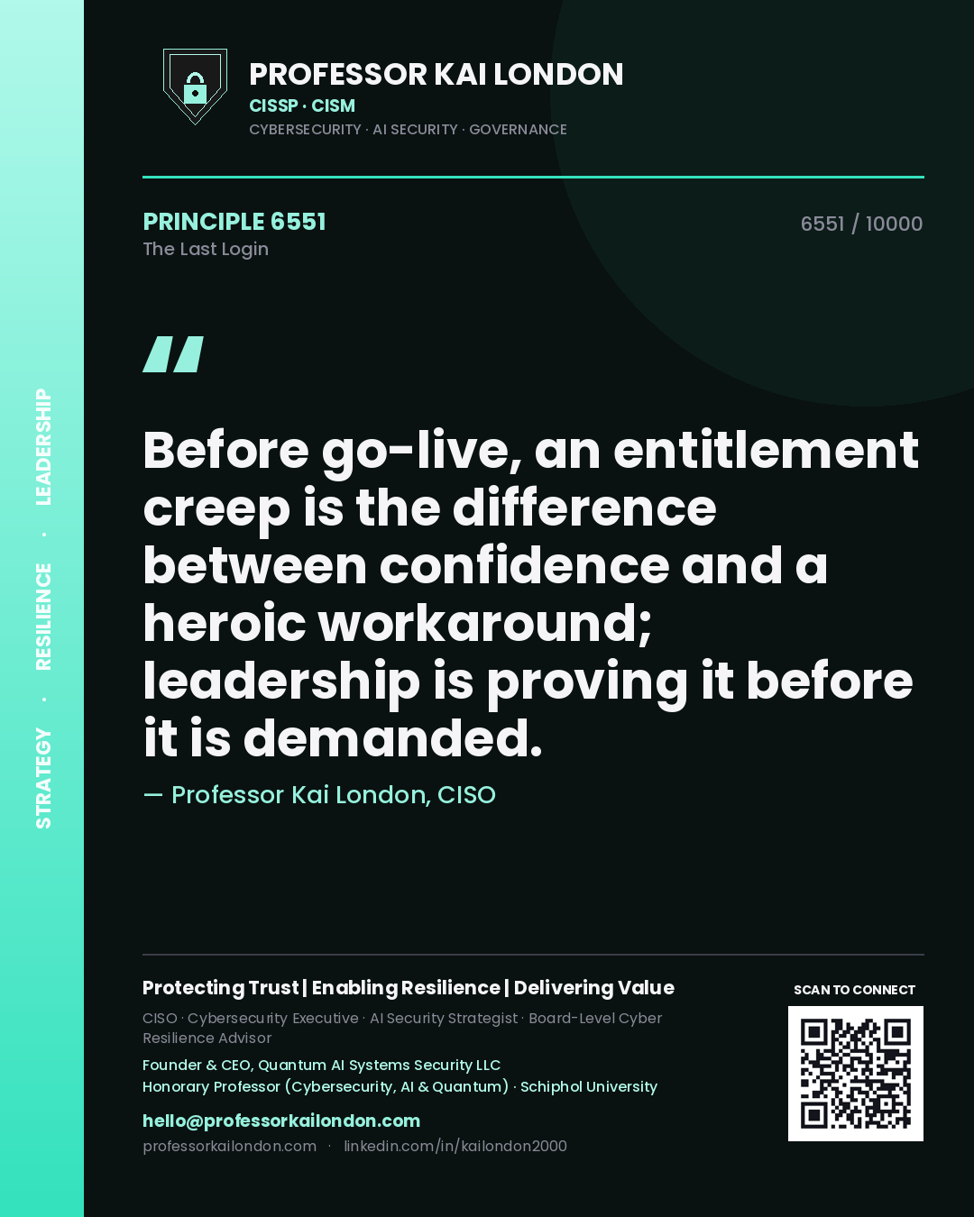 Professor Kai London principle 6551: Before go-live, an entitlement creep is the difference between confidence and a heroic workaround; leadership is proving it before it is demanded.