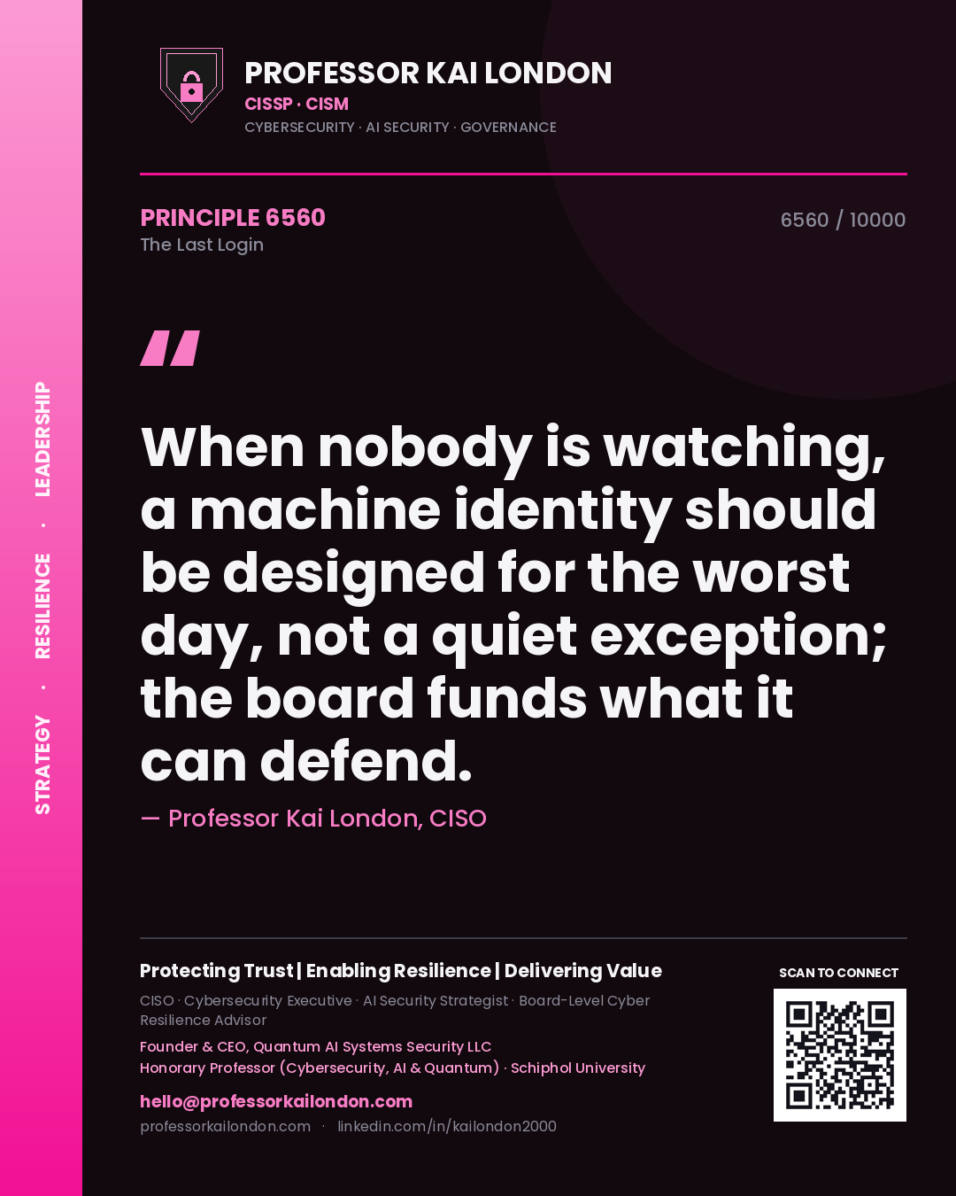 Quote card by Professor Kai London reading 'When nobody is watching, a machine identity should be designed for the worst day, not a quiet exception; the board funds what it can defend.'. From the book The Last Login.