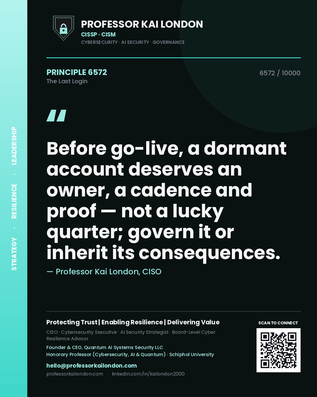 Quote card by Professor Kai London reading 'Before go-live, a dormant account deserves an owner, a cadence and proof — not a lucky quarter; govern it or inherit its consequences.'. From the book The Last Login.
