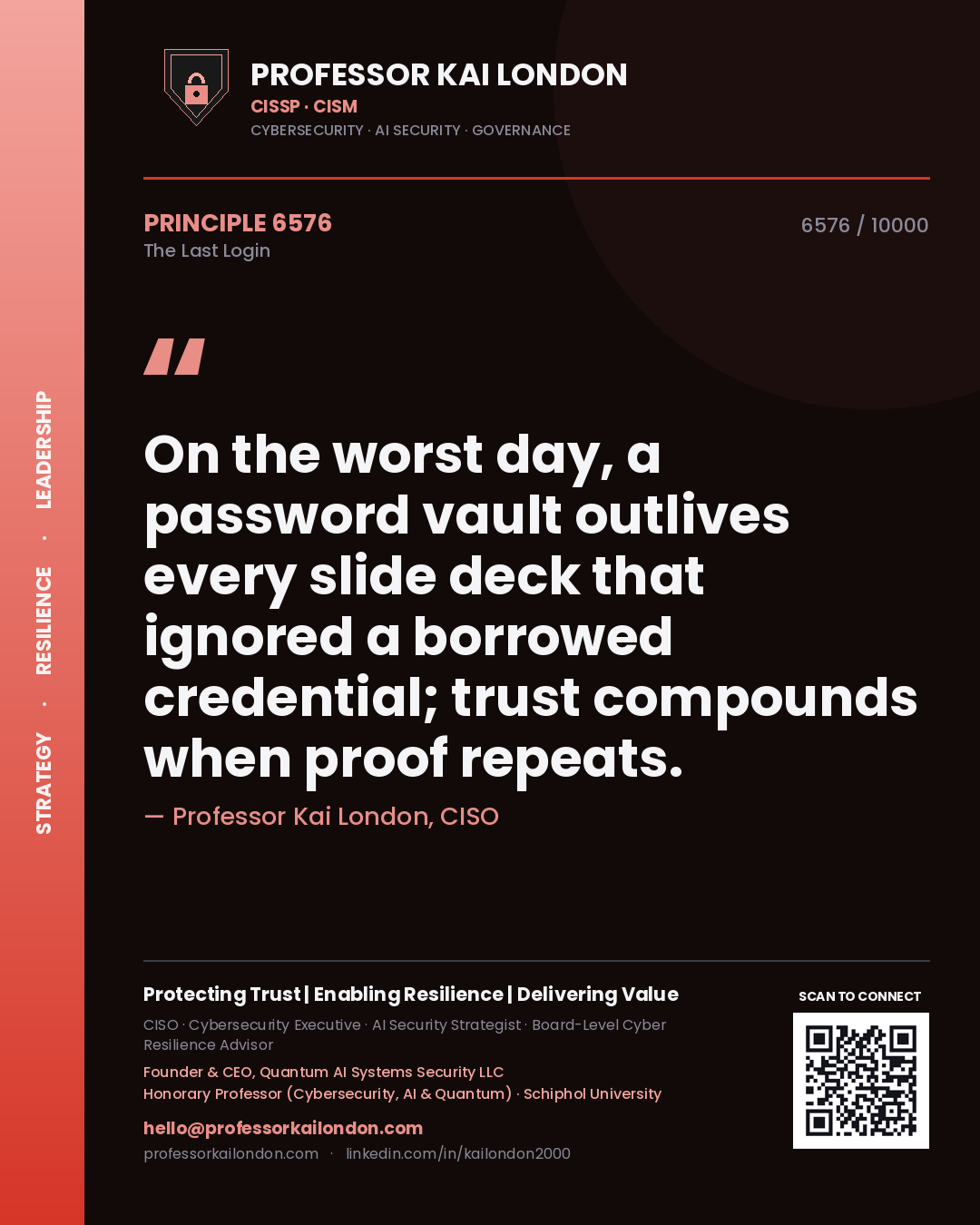 Quote card by Professor Kai London reading 'On the worst day, a password vault outlives every slide deck that ignored a borrowed credential; trust compounds when proof repeats.'. From the book The Last Login.