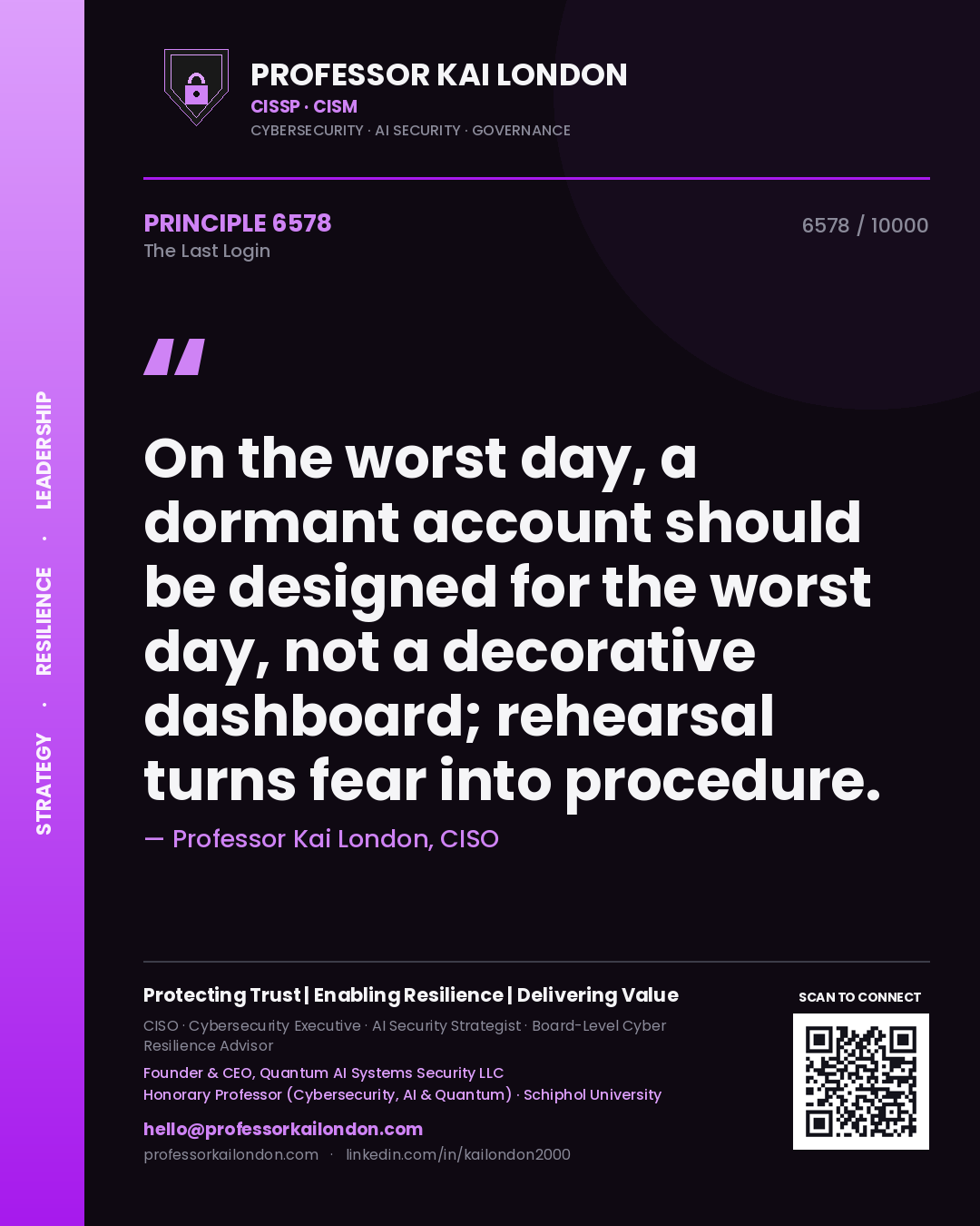 Professor Kai London principle 6578: On the worst day, a dormant account should be designed for the worst day, not a decorative dashboard; rehearsal turns fear into procedure.