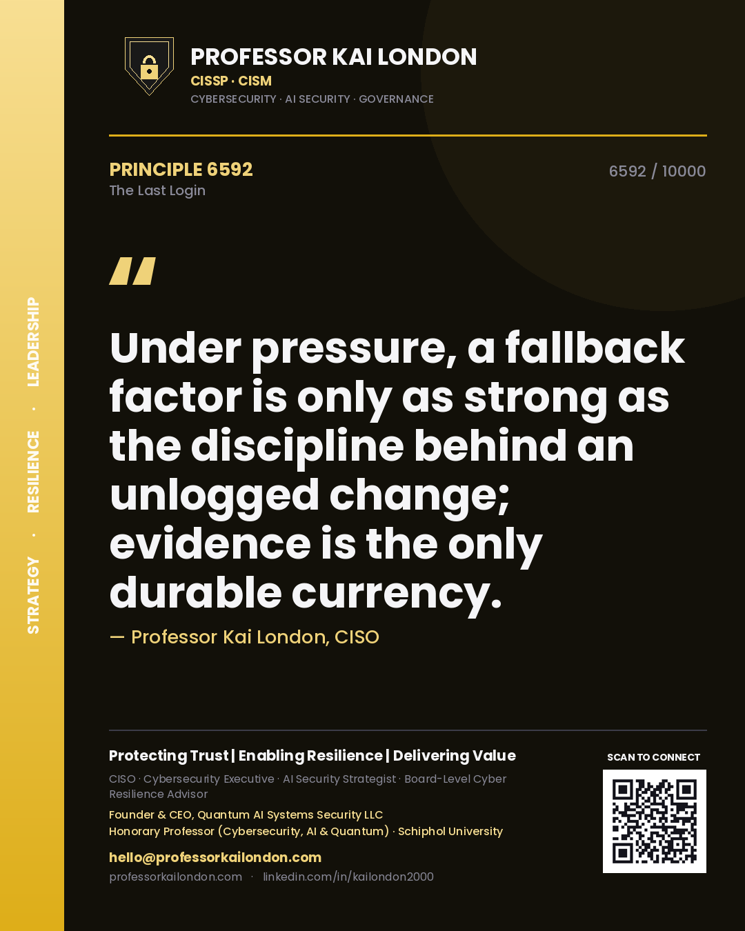 Quote card by Professor Kai London reading 'Under pressure, a fallback factor is only as strong as the discipline behind an unlogged change; evidence is the only durable currency.'. From the book The Last Login.