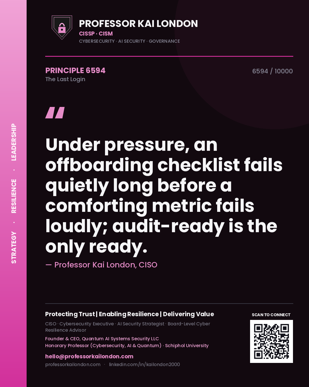 Quote card by Professor Kai London reading 'Under pressure, an offboarding checklist fails quietly long before a comforting metric fails loudly; audit-ready is the only ready.'. From the book The Last Login.
