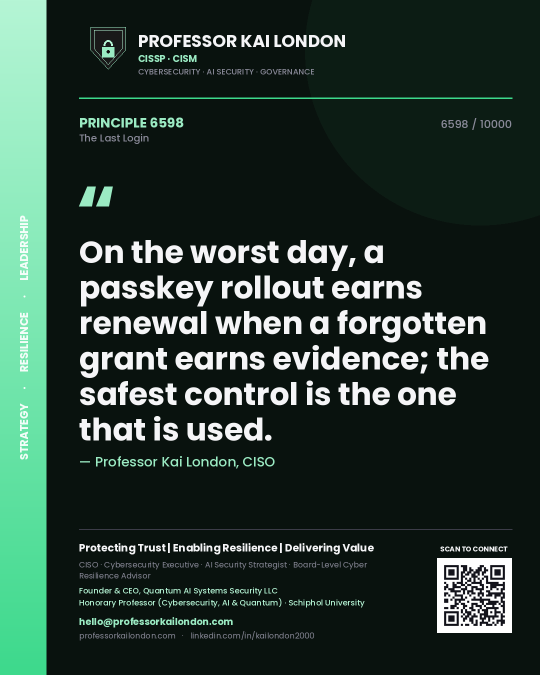 Professor Kai London principle 6598: On the worst day, a passkey rollout earns renewal when a forgotten grant earns evidence; the safest control is the one that is used.