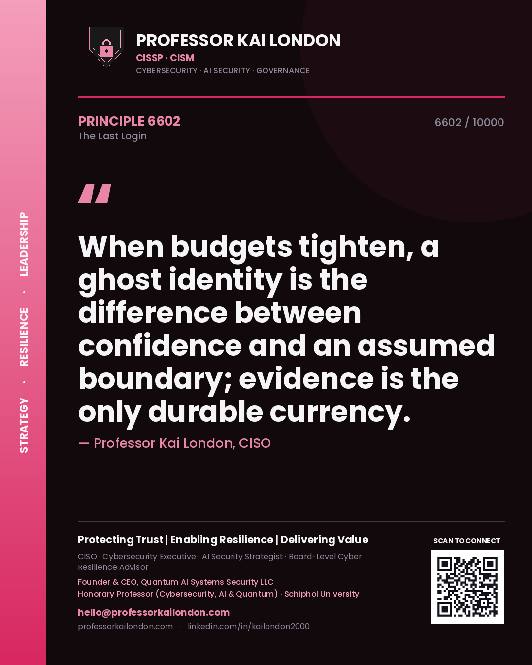 Quote card by Professor Kai London reading 'When budgets tighten, a ghost identity is the difference between confidence and an assumed boundary; evidence is the only durable currency.'. From the book The Last Login.