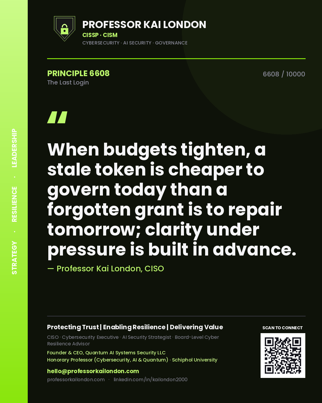 Professor Kai London principle 6608: When budgets tighten, a stale token is cheaper to govern today than a forgotten grant is to repair tomorrow; clarity under pressure is built in advance.