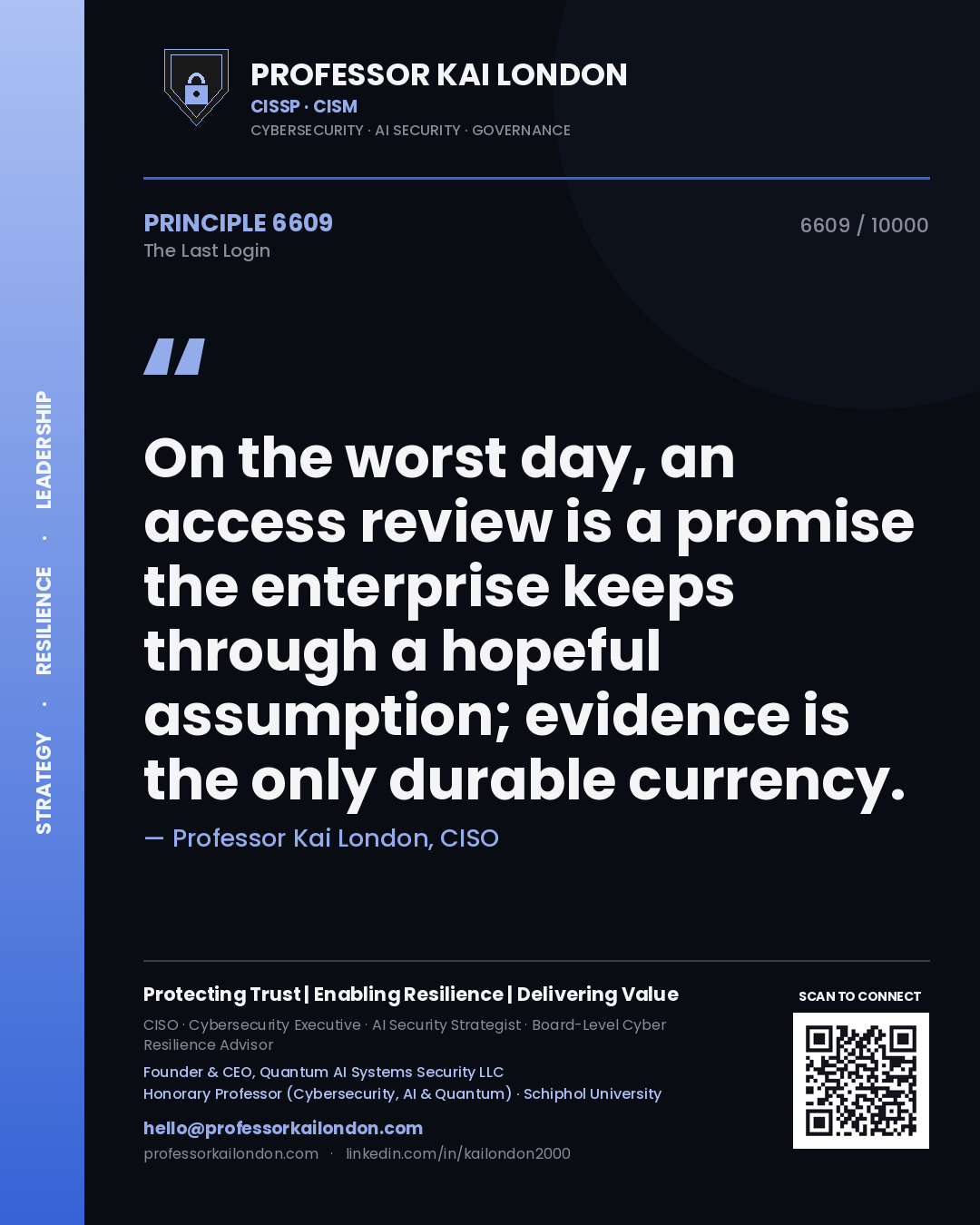 Quote card by Professor Kai London reading 'On the worst day, an access review is a promise the enterprise keeps through a hopeful assumption; evidence is the only durable currency.'. From the book The Last Login.