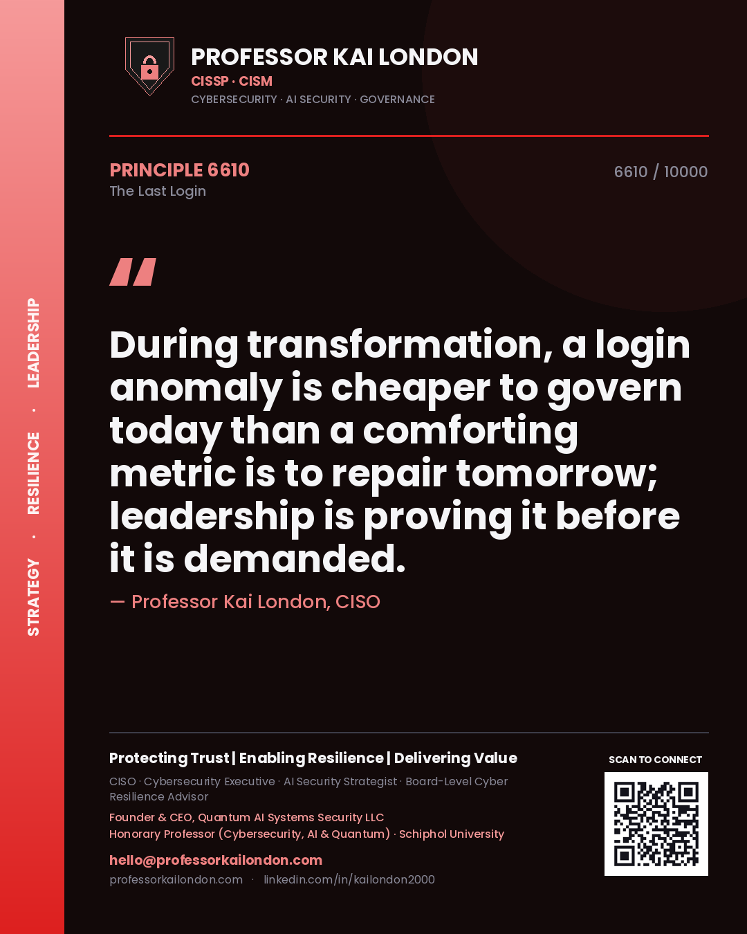 Quote card by Professor Kai London reading 'During transformation, a login anomaly is cheaper to govern today than a comforting metric is to repair tomorrow; leadership is proving it before it is demanded.'. From the book The Last Login.
