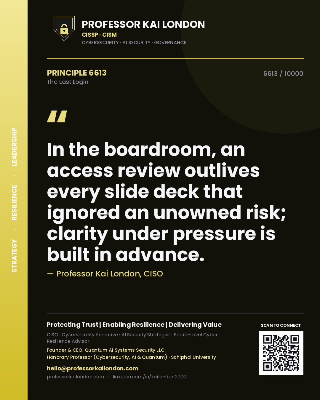 Quote card by Professor Kai London reading 'In the boardroom, an access review outlives every slide deck that ignored an unowned risk; clarity under pressure is built in advance.'. From the book The Last Login.