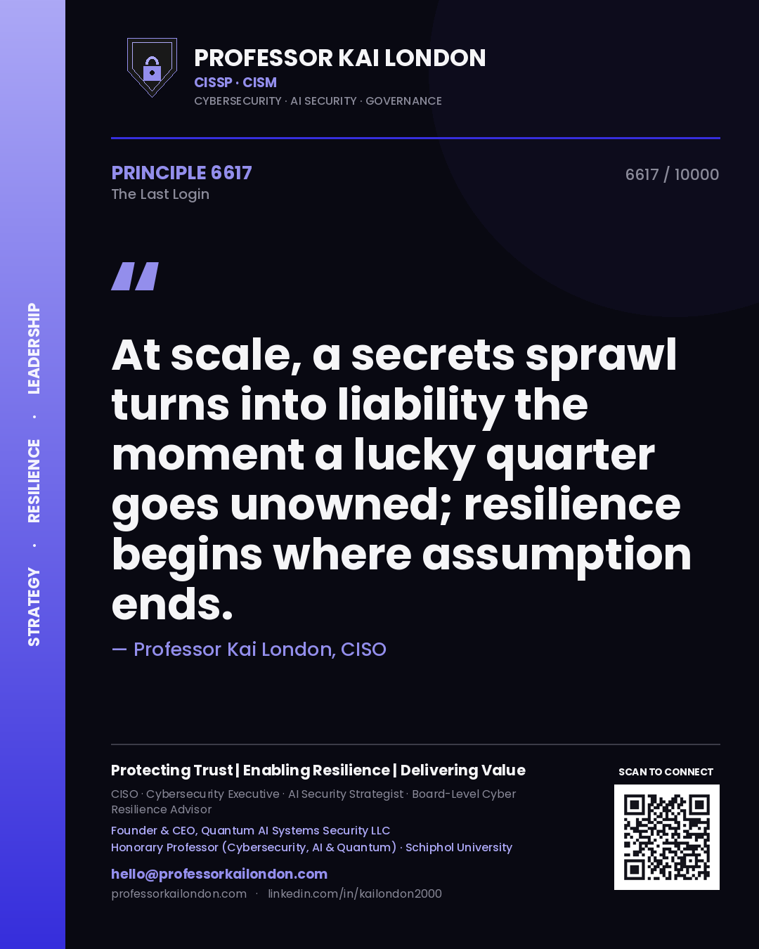 Professor Kai London principle 6617: At scale, a secrets sprawl turns into liability the moment a lucky quarter goes unowned; resilience begins where assumption ends.