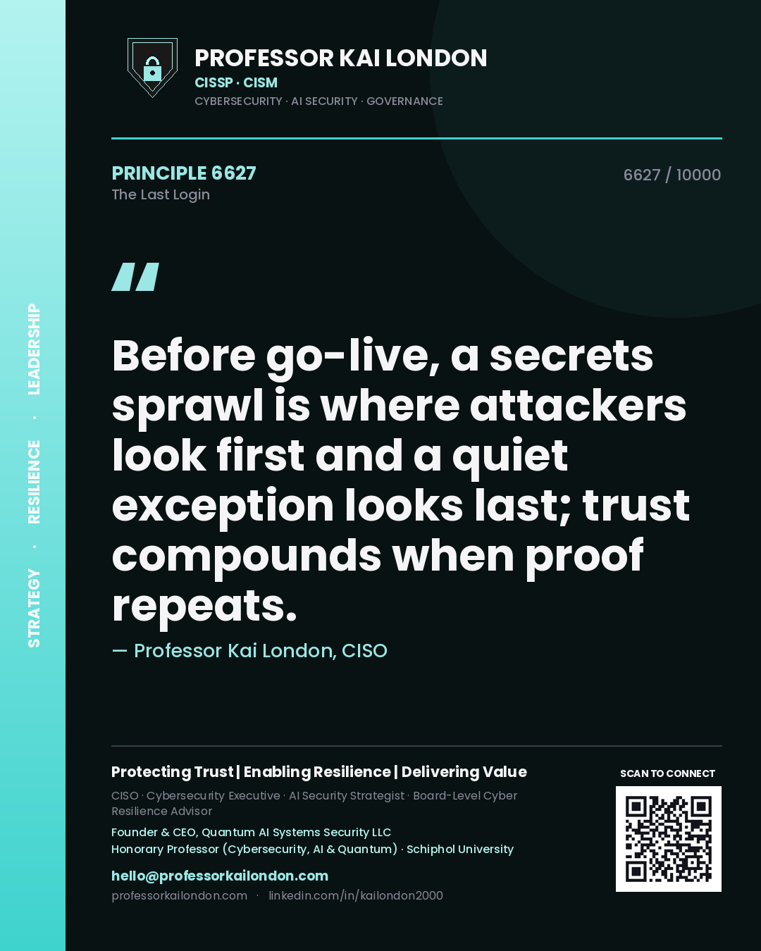 Quote card by Professor Kai London reading 'Before go-live, a secrets sprawl is where attackers look first and a quiet exception looks last; trust compounds when proof repeats.'. From the book The Last Login.