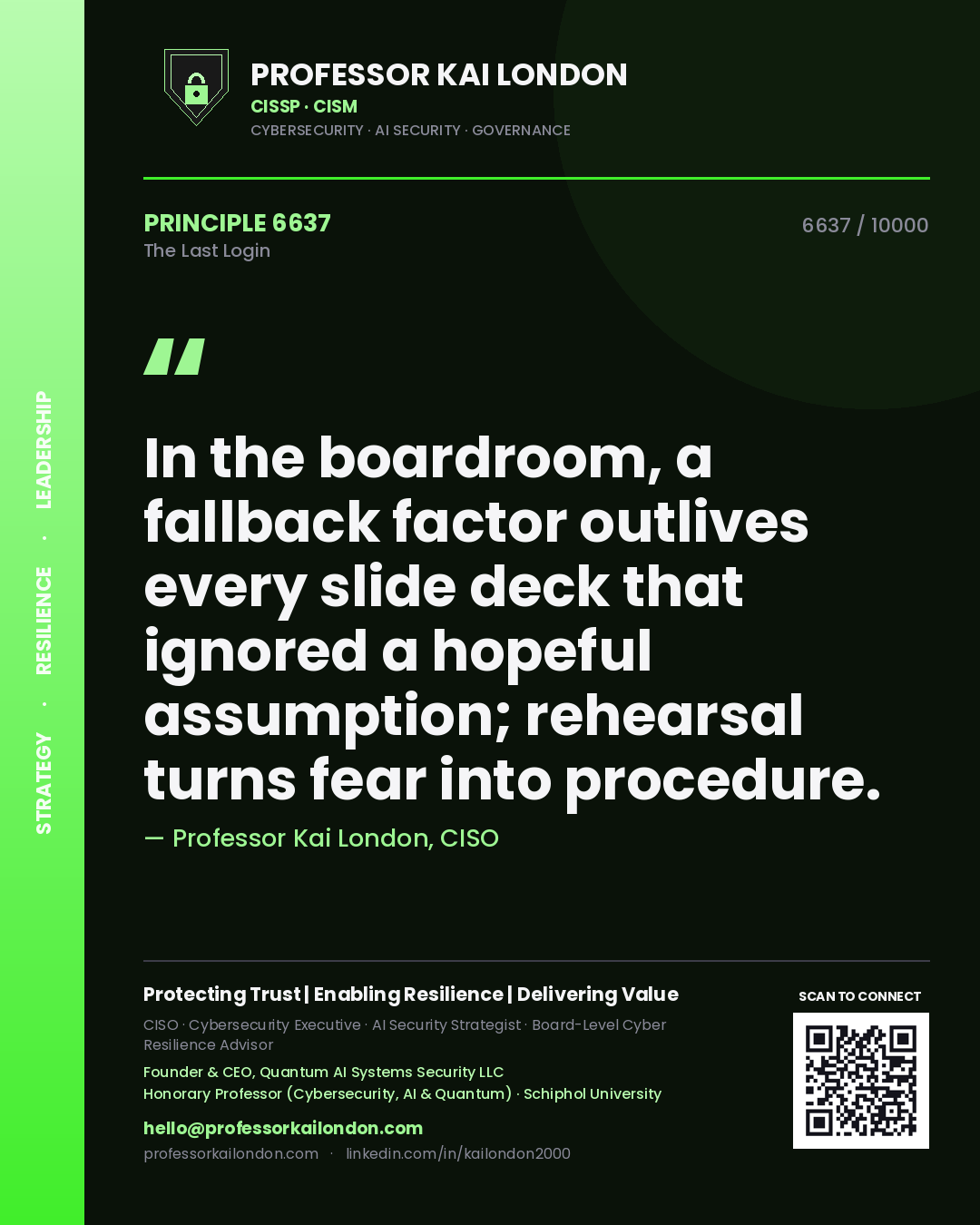 Professor Kai London principle 6637: In the boardroom, a fallback factor outlives every slide deck that ignored a hopeful assumption; rehearsal turns fear into procedure.