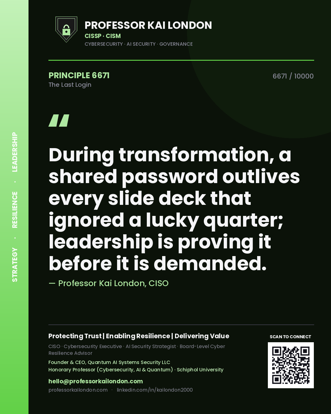 Quote card by Professor Kai London reading 'During transformation, a shared password outlives every slide deck that ignored a lucky quarter; leadership is proving it before it is demanded.'. From the book The Last Login.