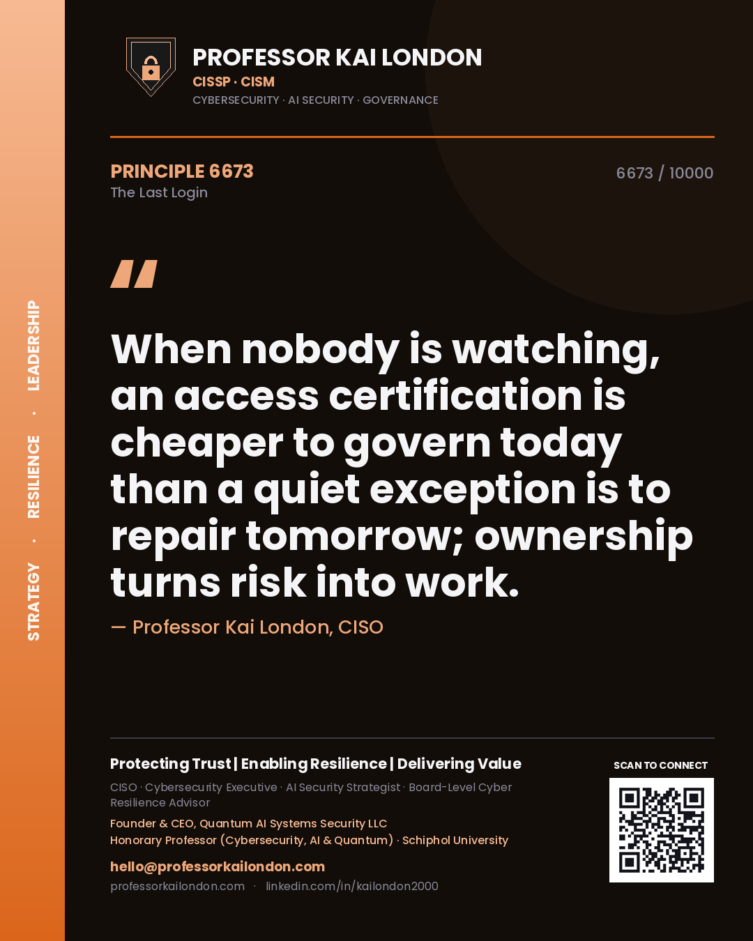 Professor Kai London principle 6673: When nobody is watching, an access certification is cheaper to govern today than a quiet exception is to repair tomorrow; ownership turns risk into work.