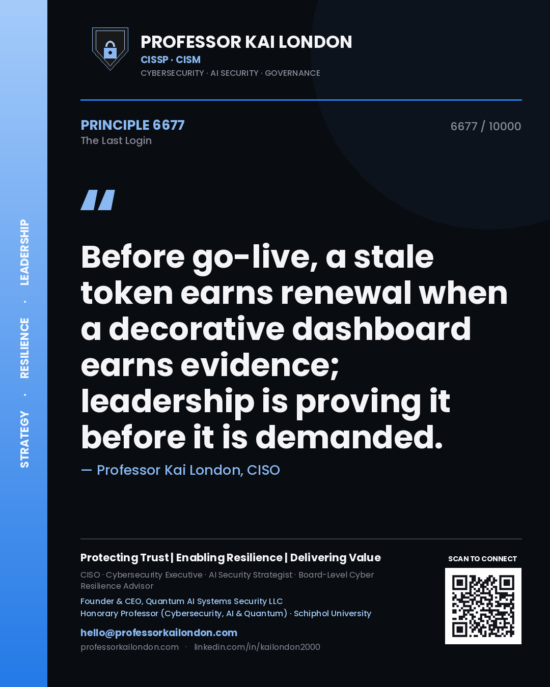 Quote card by Professor Kai London reading 'Before go-live, a stale token earns renewal when a decorative dashboard earns evidence; leadership is proving it before it is demanded.'. From the book The Last Login.