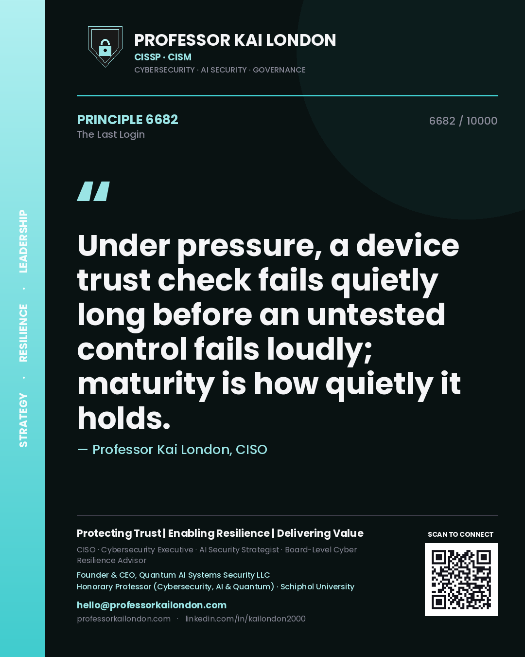 Quote card by Professor Kai London reading 'Under pressure, a device trust check fails quietly long before an untested control fails loudly; maturity is how quietly it holds.'. From the book The Last Login.