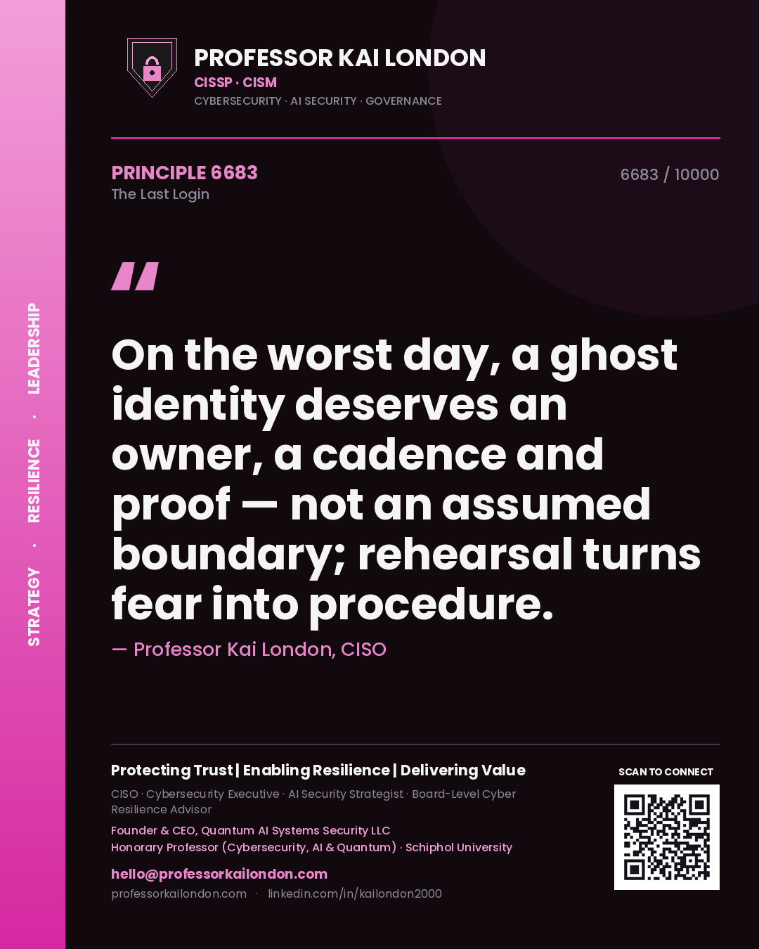 Professor Kai London principle 6683: On the worst day, a ghost identity deserves an owner, a cadence and proof — not an assumed boundary; rehearsal turns fear into procedure.
