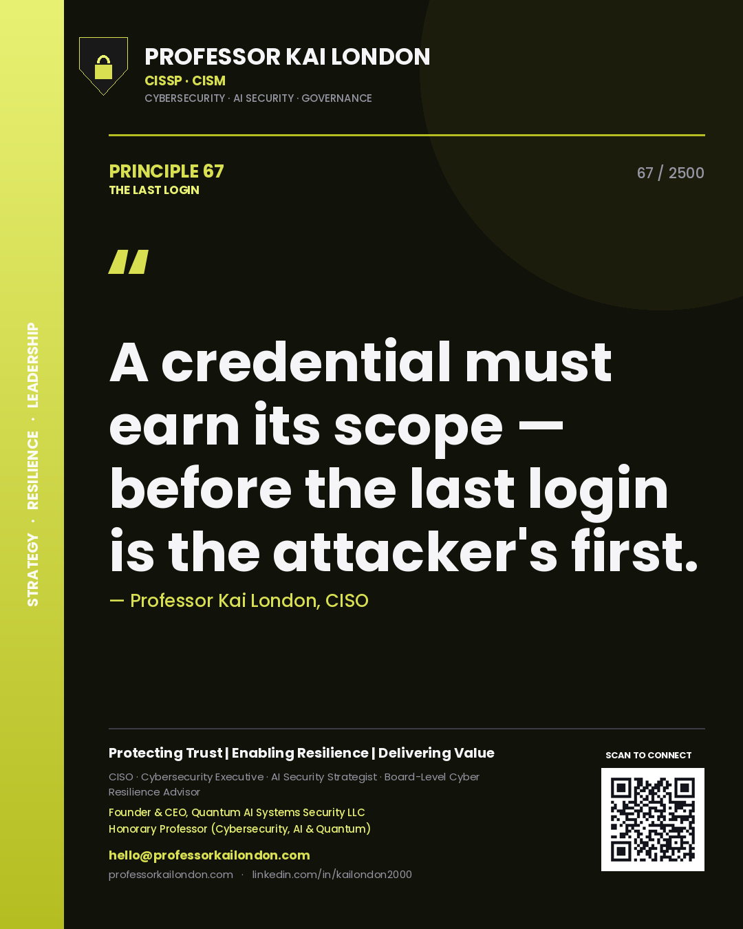 Quote card by Professor Kai London reading 'A credential must earn its scope — before the last login is the attacker's first.'. From the book The Last Login.