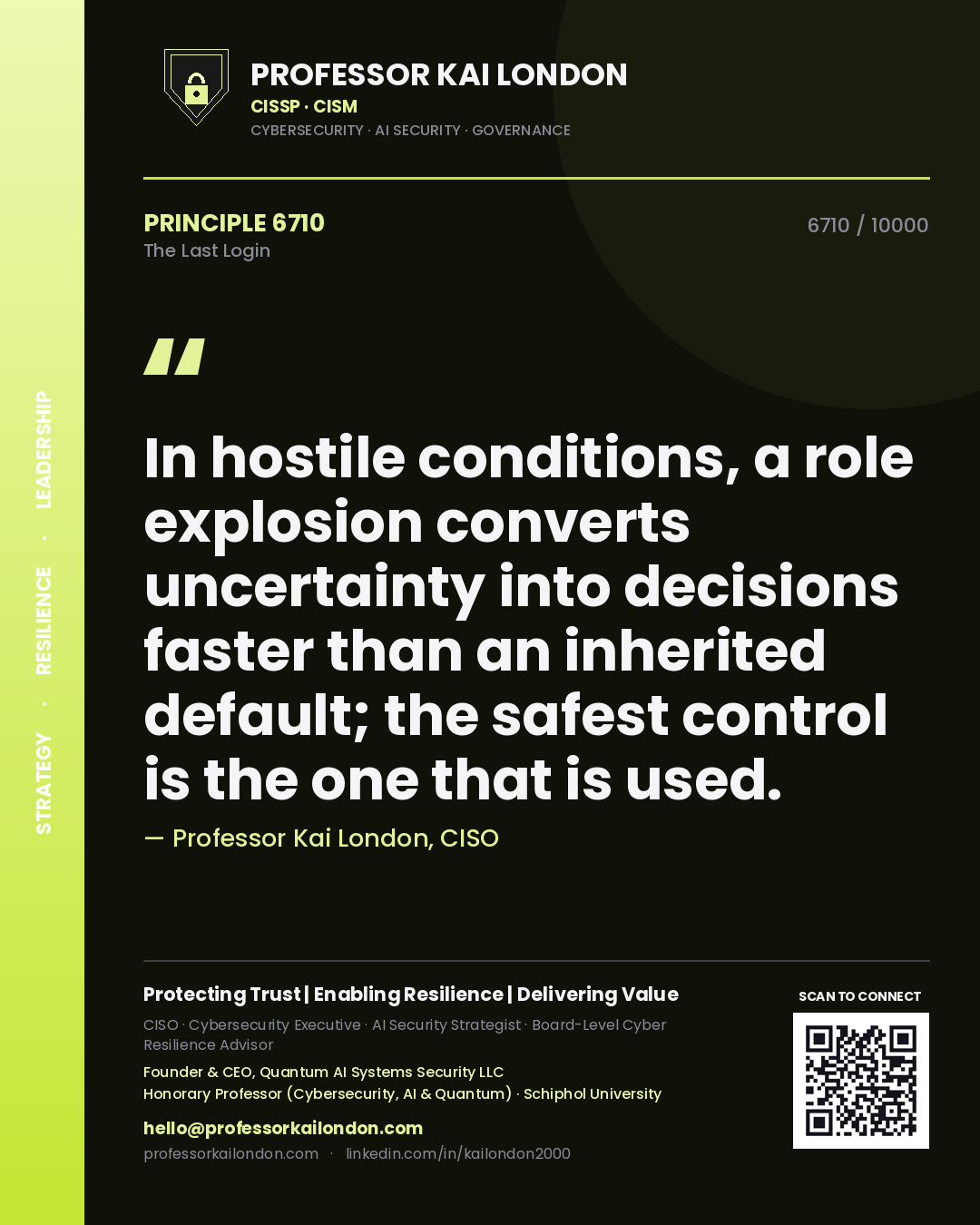 Quote card by Professor Kai London reading 'In hostile conditions, a role explosion converts uncertainty into decisions faster than an inherited default; the safest control is the one that is used.'. From the book The Last Login.