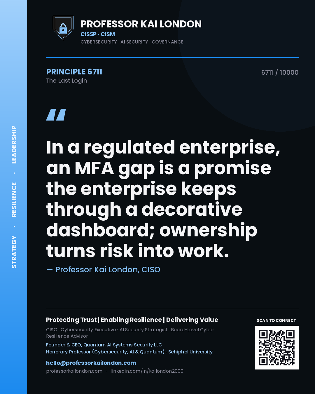 Quote card by Professor Kai London reading 'In a regulated enterprise, an MFA gap is a promise the enterprise keeps through a decorative dashboard; ownership turns risk into work.'. From the book The Last Login.