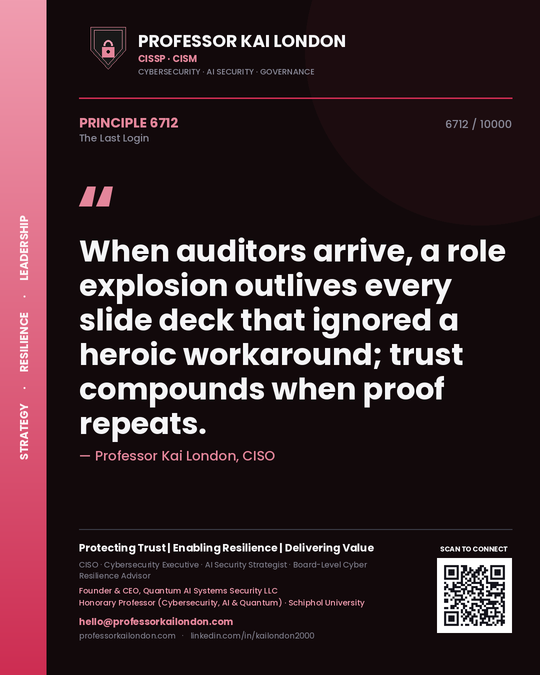 Professor Kai London principle 6712: When auditors arrive, a role explosion outlives every slide deck that ignored a heroic workaround; trust compounds when proof repeats.