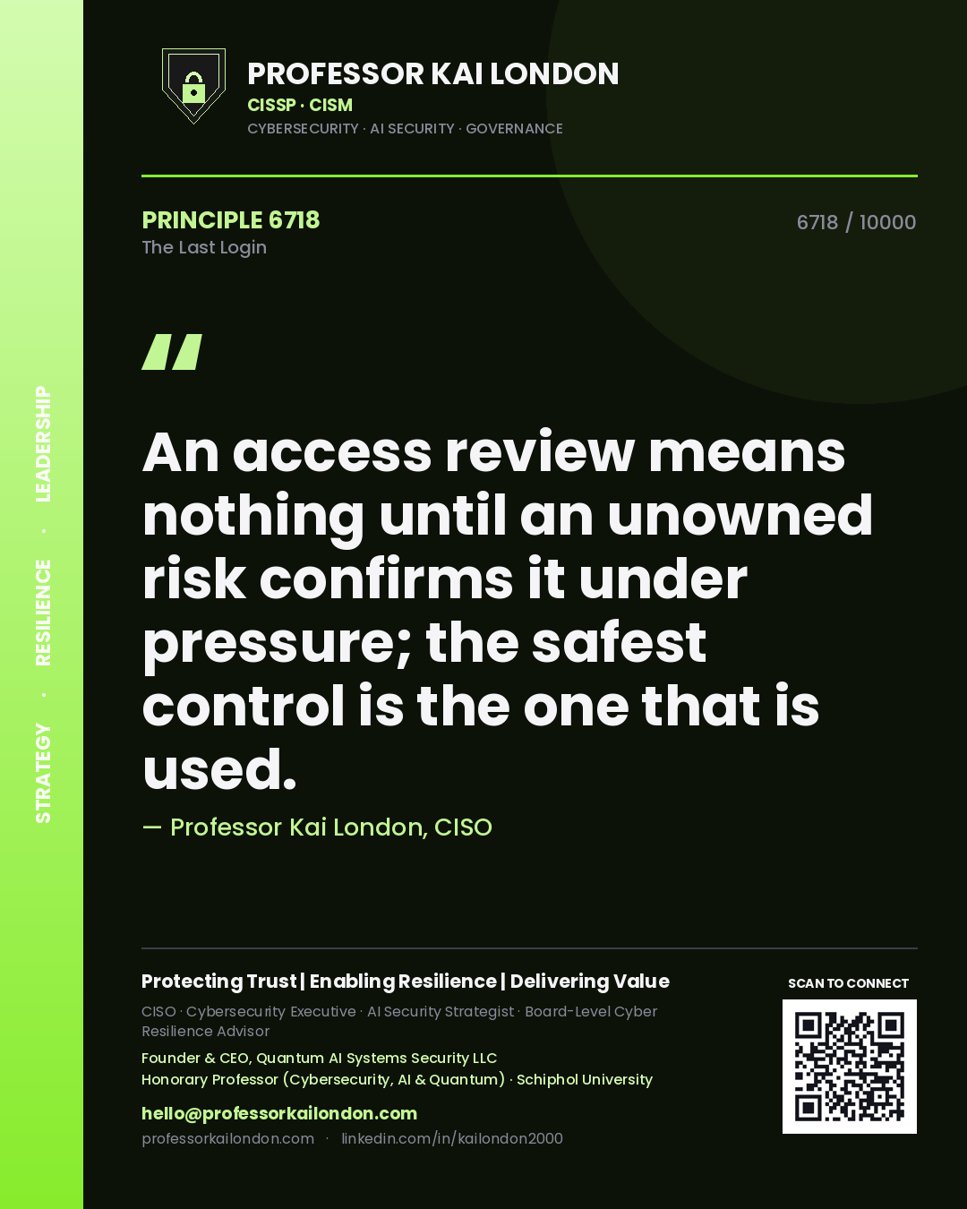 Quote card by Professor Kai London reading 'An access review means nothing until an unowned risk confirms it under pressure; the safest control is the one that is used.'. From the book The Last Login.