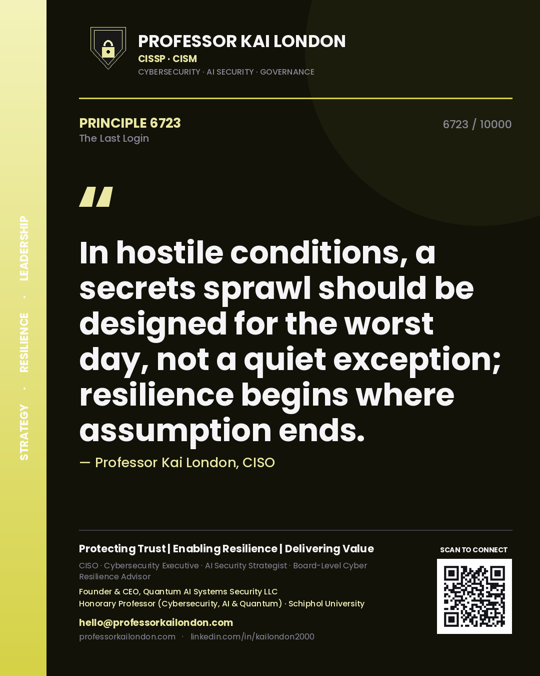 Quote card by Professor Kai London reading 'In hostile conditions, a secrets sprawl should be designed for the worst day, not a quiet exception; resilience begins where assumption ends.'. From the book The Last Login.