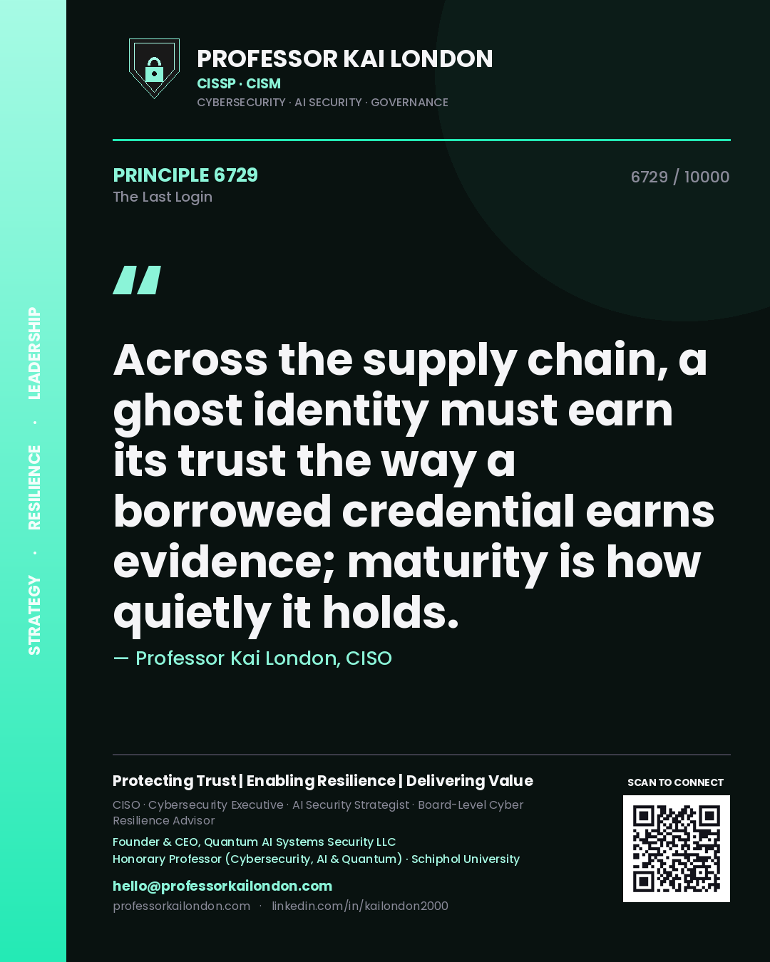 Professor Kai London principle 6729: Across the supply chain, a ghost identity must earn its trust the way a borrowed credential earns evidence; maturity is how quietly it holds.