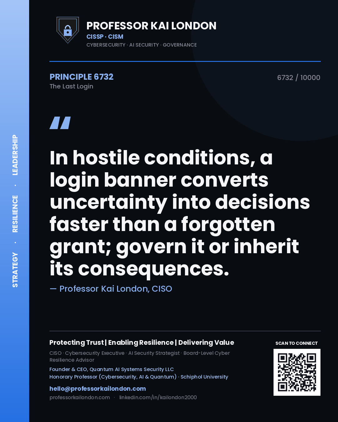 Professor Kai London principle 6732: In hostile conditions, a login banner converts uncertainty into decisions faster than a forgotten grant; govern it or inherit its consequences.