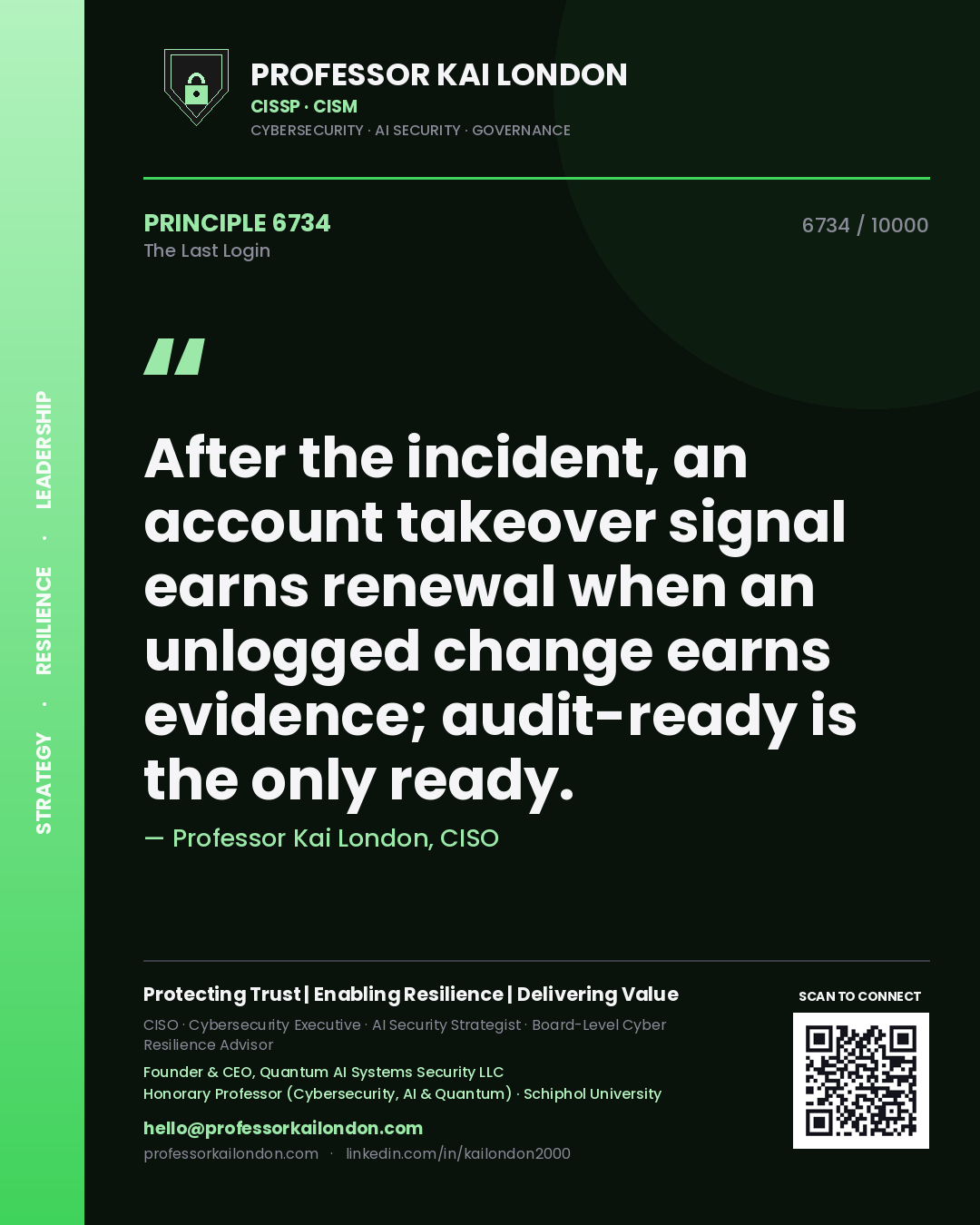 Professor Kai London principle 6734: After the incident, an account takeover signal earns renewal when an unlogged change earns evidence; audit-ready is the only ready.