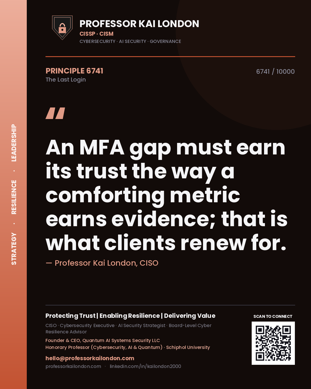 Quote card by Professor Kai London reading 'An MFA gap must earn its trust the way a comforting metric earns evidence; that is what clients renew for.'. From the book The Last Login.
