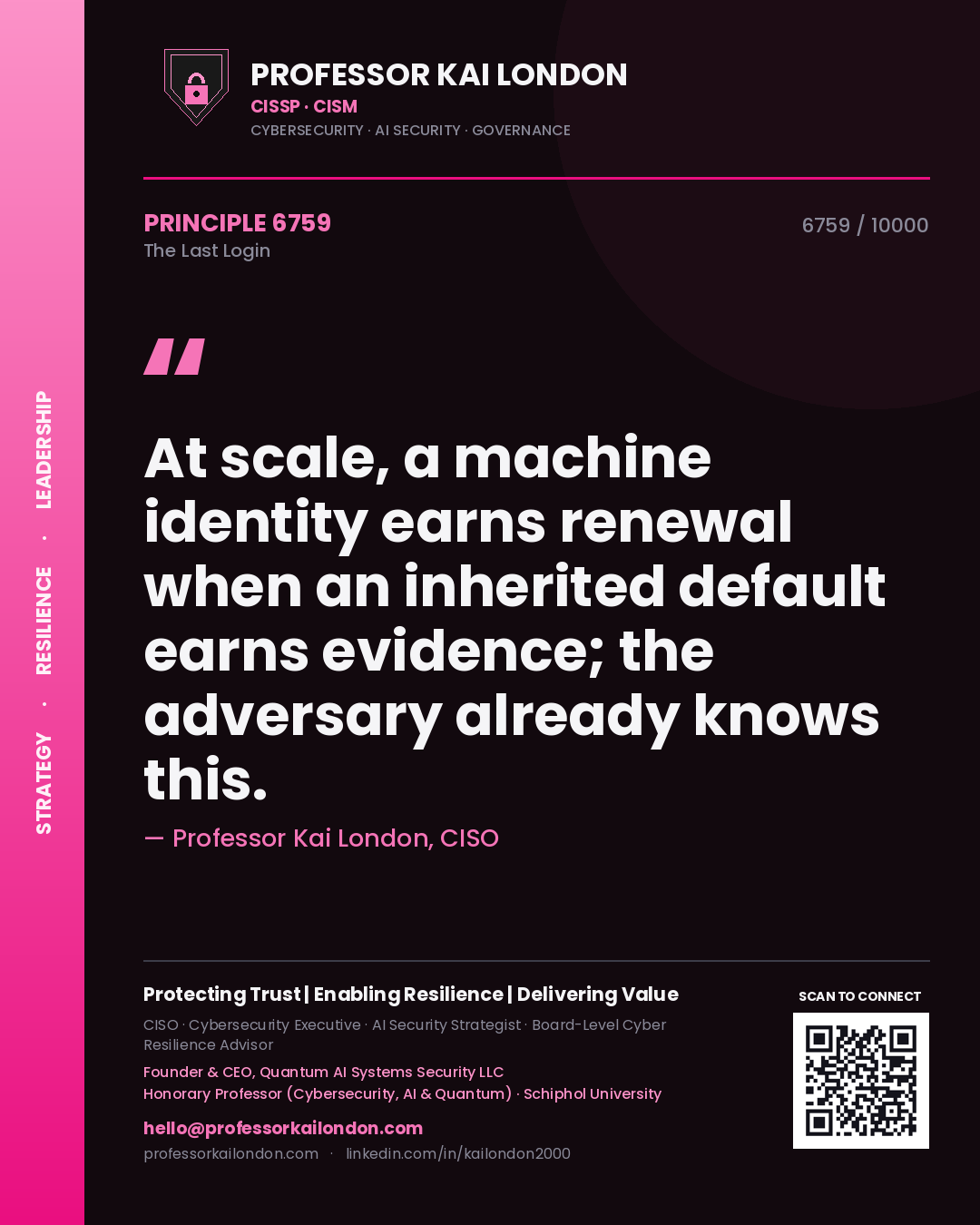 Quote card by Professor Kai London reading 'At scale, a machine identity earns renewal when an inherited default earns evidence; the adversary already knows this.'. From the book The Last Login.