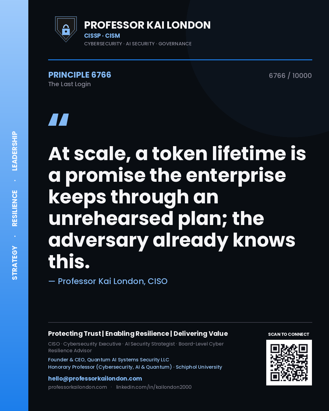 Professor Kai London principle 6766: At scale, a token lifetime is a promise the enterprise keeps through an unrehearsed plan; the adversary already knows this.