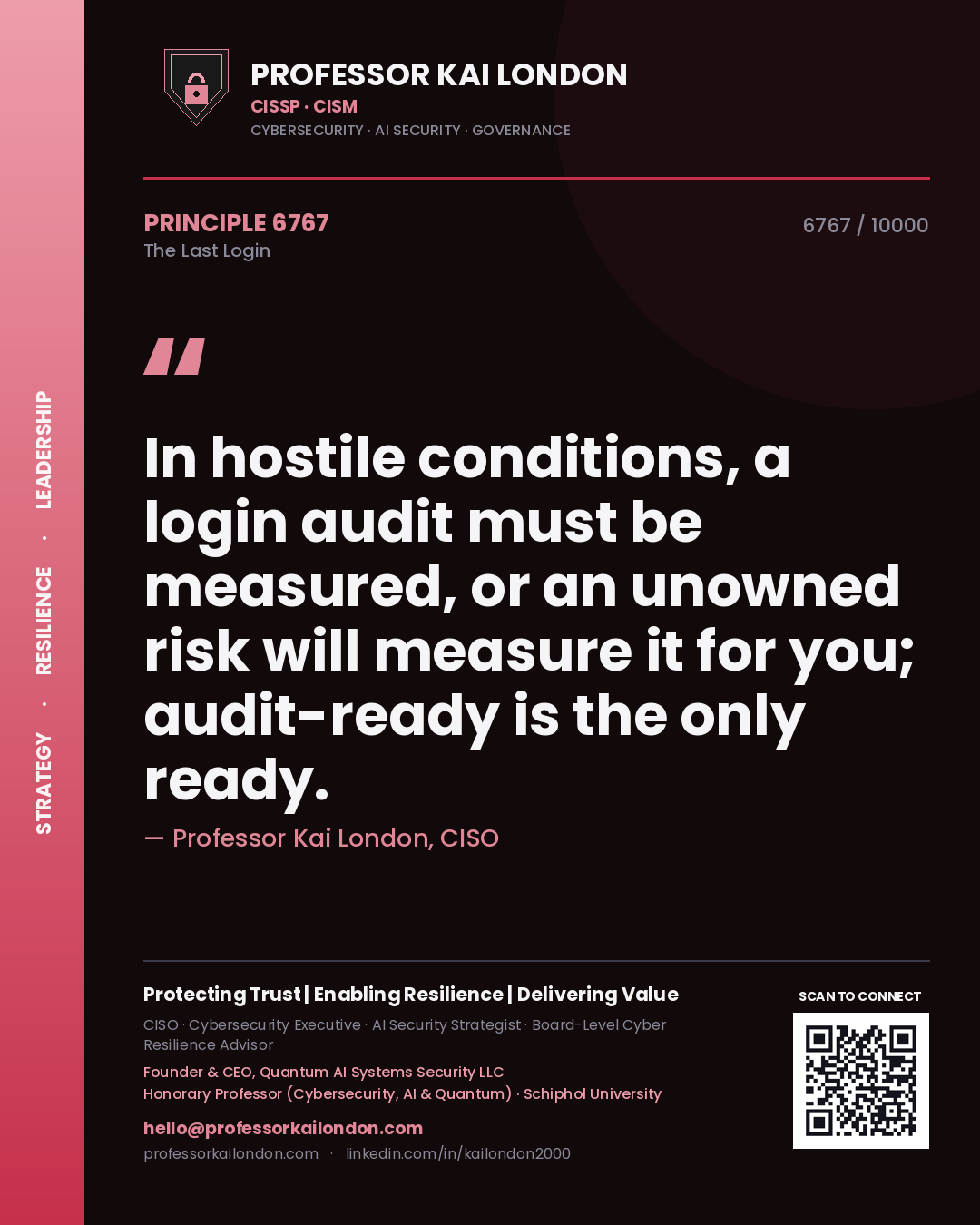 Professor Kai London principle 6767: In hostile conditions, a login audit must be measured, or an unowned risk will measure it for you; audit-ready is the only ready.
