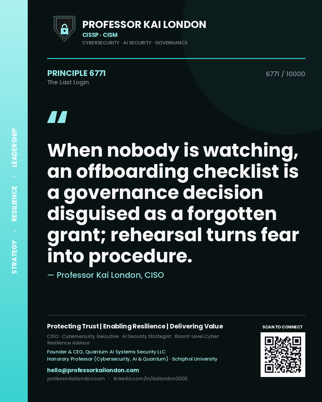 Quote card by Professor Kai London reading 'When nobody is watching, an offboarding checklist is a governance decision disguised as a forgotten grant; rehearsal turns fear into procedure.'. From the book The Last Login.