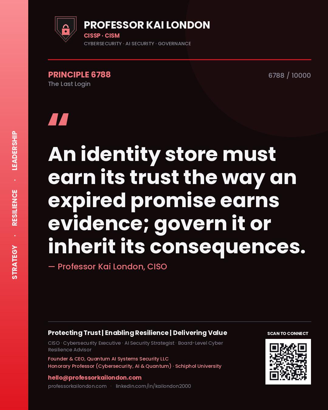 Professor Kai London principle 6788: An identity store must earn its trust the way an expired promise earns evidence; govern it or inherit its consequences.